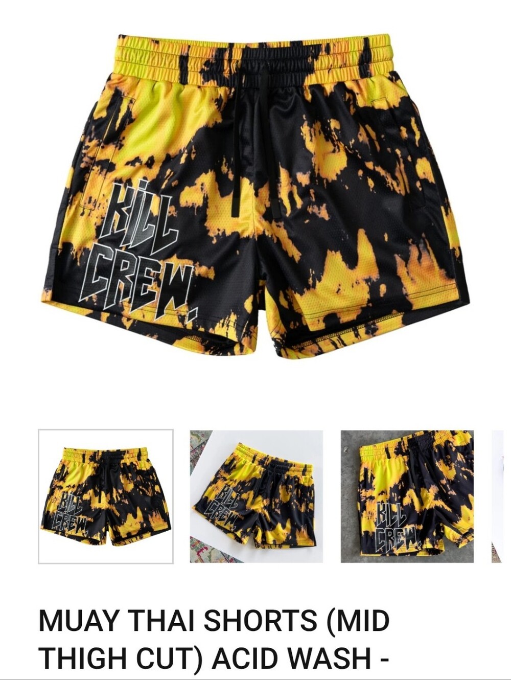 Kill Crew Yellow & Black Acid-Wash Muay Thai Shorts Size S Unisex